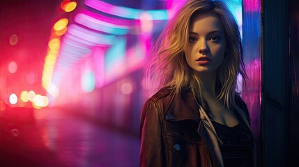 Fototapeta premium Model in an urban setting, with the city's lights creating a multicolored haze of mist around her