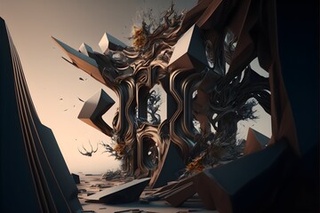 painting of an abstract interpretation of shuffling restructuring scene black brown grays at forests edge ultrawide angle highly detailed octane render unreal engine 5  - obrazy, fototapety, plakaty