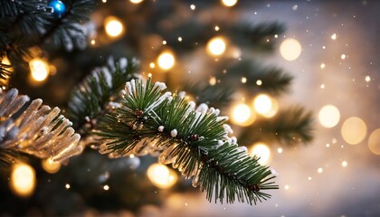 Christmas tree light; Winter Background With Frost Fir Branch