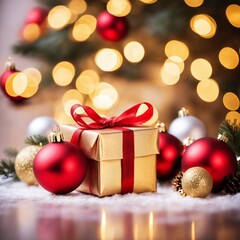 Fototapeta na wymiar Christmas Present and Ornaments Against Blurred Light Backdrop