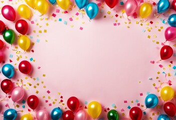 Festive and Vibrant Party Backdrop Ideas with Colorful Confetti and Streamers on White Background - Flat Lay Arrangement