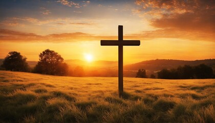 Ascension day concept: The cross on meadow autumn sunrise background - obrazy, fototapety, plakaty