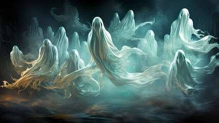 There are many ghosts in the room. They fly here and there and strike fear into everyone. Halloween concept. Background, wallpaper or greeting card and copy space. AI generated.