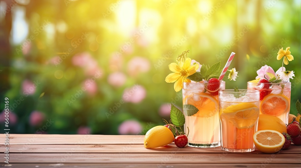 Poster glasses of lemonade with frappe ice on a wooden table in a summer garden