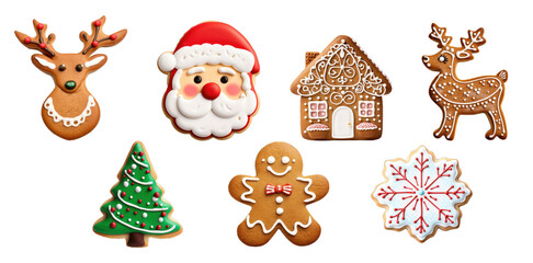Fototapeta premium Set of Sugar Cookie Christmas and Gingerbread Cookies with Cute Winter Design. Includes Biscuit Shaped Ginger Bread House, Santa Face, Deer Head, Snowflake, and Christmas Tree - Generative AI