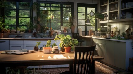 Fototapeta na wymiar Kitchen and desk indoors with foliage