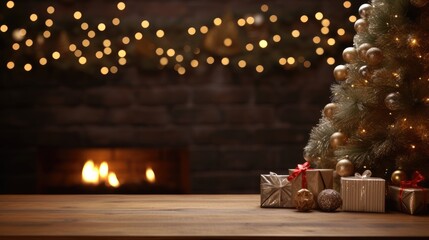 Festive wooden table with Christmas tree and fireplace