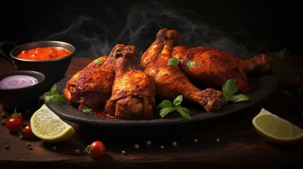 Indian spicy food includes non vegetarian Tandoori Chicken - obrazy, fototapety, plakaty