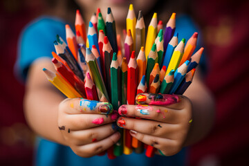 children's hands, stained with paints, hold a bunch of colored pencils for drawing in the form of a bouquet close-up