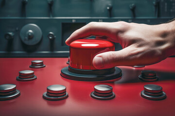 A hand firmly presses the red stop button on the control panel, signaling an immediate halt to operations in the nuclear power plant for safety. - obrazy, fototapety, plakaty
