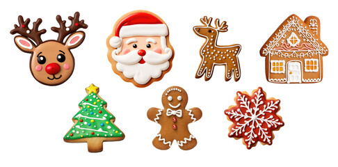 Fototapeta premium Cute Winter Set of Christmas Sugar Cookies and Gingerbread with Cute Design. Biscuit Shaped Ginger Bread House, Santa Face, Deer Head, Snowflake, and Christmas Tree - Generative AI