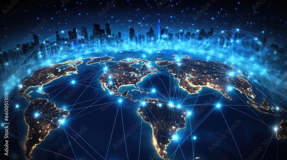 Poster global communication technology with interconnected internet network worldwide telecommunication and