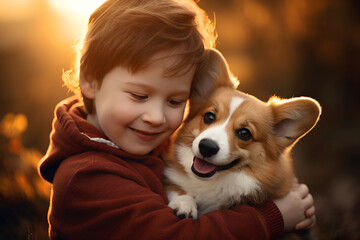 Cute little boy hugs funny corgi dog. Best friends in the world. Dog face memes. Positive emotions. Pets - obrazy, fototapety, plakaty
