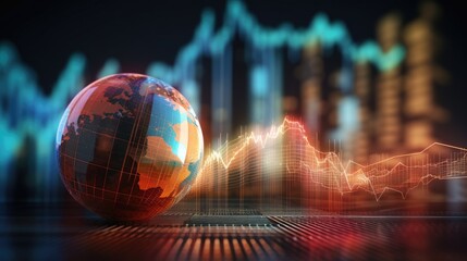 Global trading market changes illustrated through abstract business chart with downtrend line graph and bar chart featuring multi exposure effect and lens flare