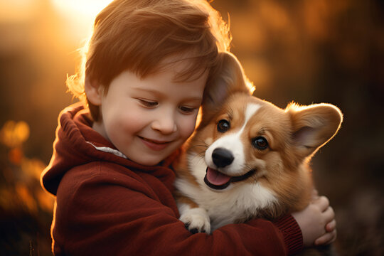 Cute little boy hugs funny corgi dog. Best friends in the world. Dog face memes. Positive emotions. Pets