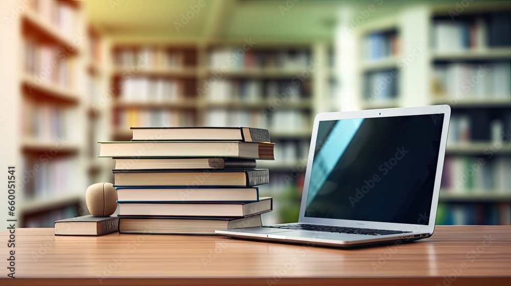 Poster library desk with books and laptop representing education technology and e learning