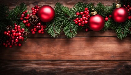 Fototapeta na wymiar Festive Holiday Greeting with Evergreen Branches and Berries on Wooden Background