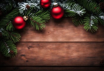 Fototapeta premium Holiday Greeting Card - Pine Twig and Ornaments on Snow-Dusted Wood