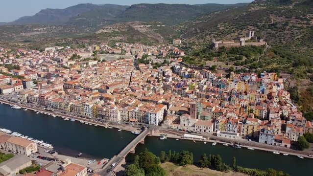 Aerial view of Bosa, a small colourful town and the Temo river on the island of Sardinia in Italy