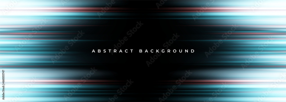 Poster Black wide vector abstract banner background with glowing motion blue and red neon light effect.