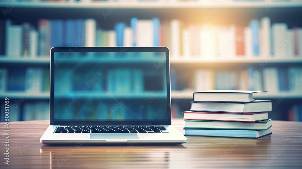 Poster library desk with books and laptop representing education technology and e learning