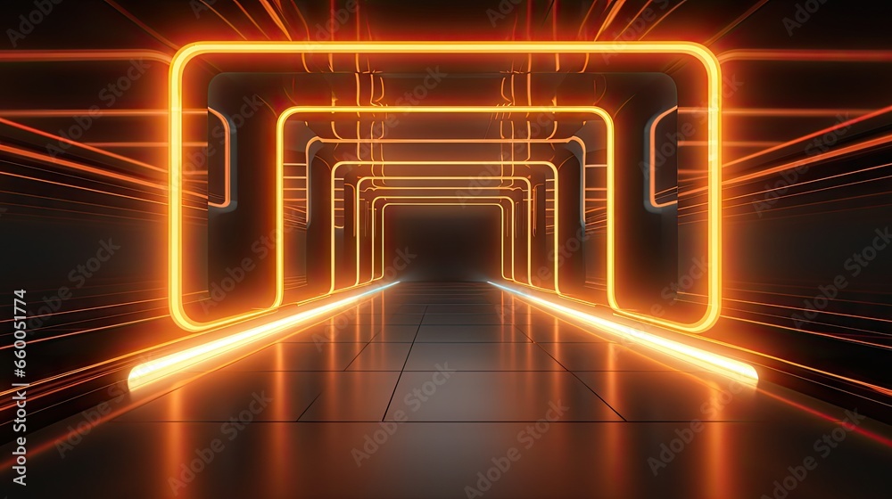 Poster Empty 3D rendering of a futuristic retro light frame in a grungy concrete tunnel dance room