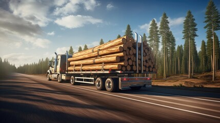 Industrial wood carrier truck transporting timber on a highway road with blue sky background