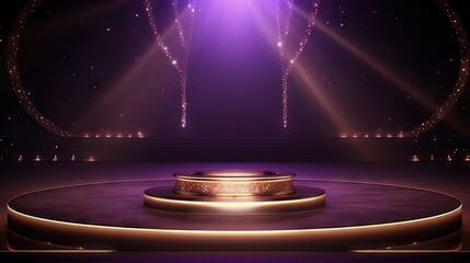 Luxury Indian themed stage with shimmering lights trophy and black podium - obrazy, fototapety, plakaty