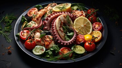 Fresh and healthy seafood salad with lemon tomatoes rosemary and vegetables on a plate