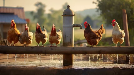 Fotobehang Hens freely roam and drink at a farm © vxnaghiyev