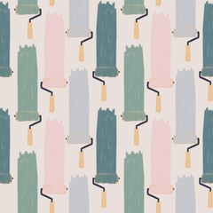 Seamless pattern with various art materials and strokes of paint on a beige background. Rollers for paint and paint spots. 