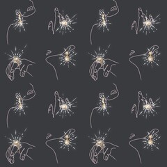 Seamless pattern with rings and earrings on a black background. Hand drawn illustration. Romantic graphics for invitation, save the date, card decoration.