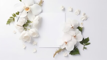 Top view blank card with flowers Abstract organic flowers Blooming floral on white background