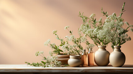 Still life composition on a table with medicinal plants and natural cosmetics