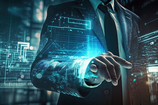 man using artificial hands to manipulate digital data