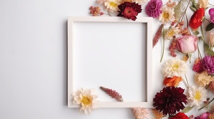 Naklejka na ściany i meble Mockup of picture frame decorated with spring flowers clean space for text on white background