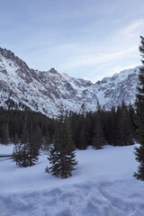 Picturesque winter scene with a winding road, majestic mountains, towering pines, and a skier descending gracefully, with a cozy house in the foreground.