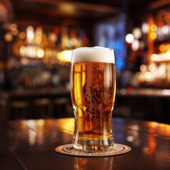 Full glass of cold beer with foam on table in illuminated bar in high quality - obrazy, fototapety, plakaty