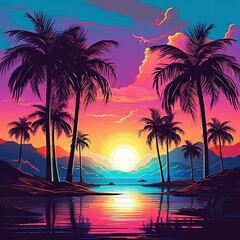 nature surrounded and full of lots of color, sun, palm tree, shaded water