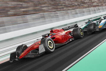 Race cars on track without any branding - 3D rendering