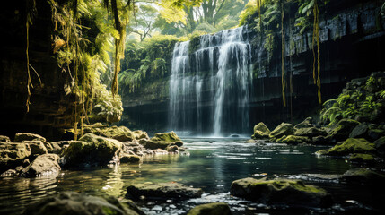 Find solace in the tranquil embrace of a forest featuring a waterfall and a pristine pool of calm, clear water.
