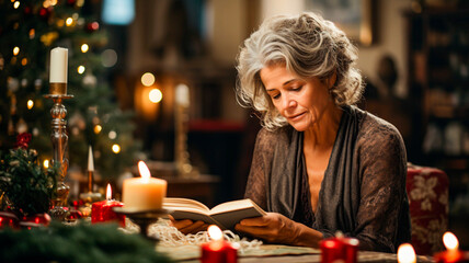 An older woman with a sad or pensive face spending Christmas alone at home. - obrazy, fototapety, plakaty