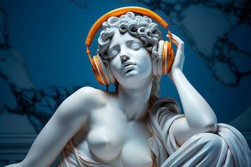 white marble bust on pedestal of a woman aphrodite with eyes closed, feeling the music with orange headphones, blue plain background - obrazy, fototapety, plakaty