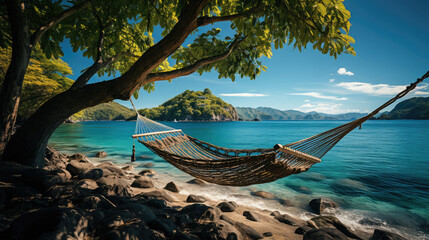 Dive into a tropical oasis with trees, turquoise waters, and a hammock swaying in the breeze.
