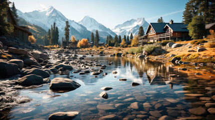 Majestic snow-capped peaks mirrored in a pristine alpine lake, an awe-inspiring vista of wilderness.
