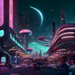 lofi space city futuristic night time neon lights space buildings inter galactic Jetsons Halo detailed unreal engine  - obrazy, fototapety, plakaty