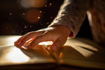 The hand of a child touching an open book, close up