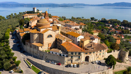 Aerial view on historical center of Castiglione del Lago, in Umbria, Italy. The town is located on...