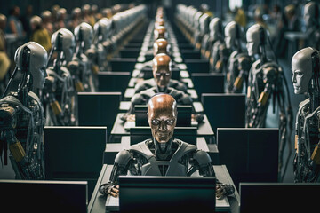 Robots working in office and replacing humans  - obrazy, fototapety, plakaty