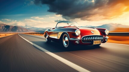 Classic Car Speeding at the Highway Photography - obrazy, fototapety, plakaty